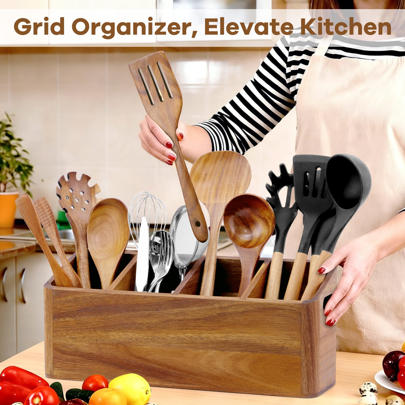 WETRBWEH Wooden Kitchen Utensil Holder with Spoon Rest, Extra Large Acacia Wood Utensil Organizer for Counter with 4 Compartments, Rustic Container