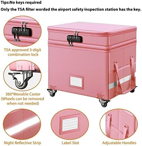 File Box with Lock,2-Layer Fireproof Document Box with Wheels,Collapsible Rolling File Storage Organizer with Pockets,Large Portable Home Office Filing Cabinet Safe for Hanging Folders,Pink