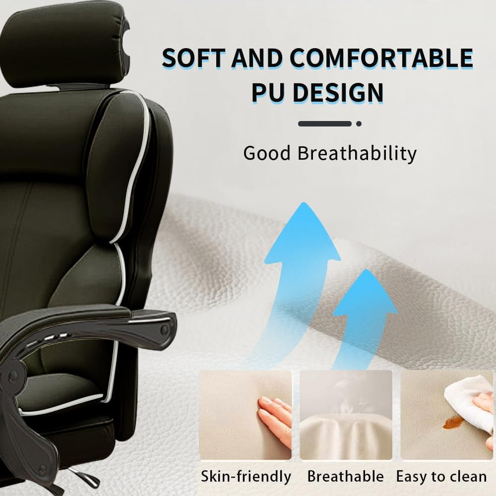 WXJHL Ergonomic Office Chair High Back Cushion Lumbar Back Support Computer Chairs with Footrest and Lumbar Support PU Leather Office Reclining Chair Gameing Chair Desk Chair（Black）