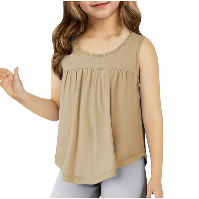 XIMIN Camisole pour Adolescentes Été Sans Manches Col Rond T-Shirt à Volants Péplum Fluide Col Ras du Cou Décontracté Mignon Tee Blouse Coupe Ample Chandails Décontractés (9-10 Ans, Kaki)