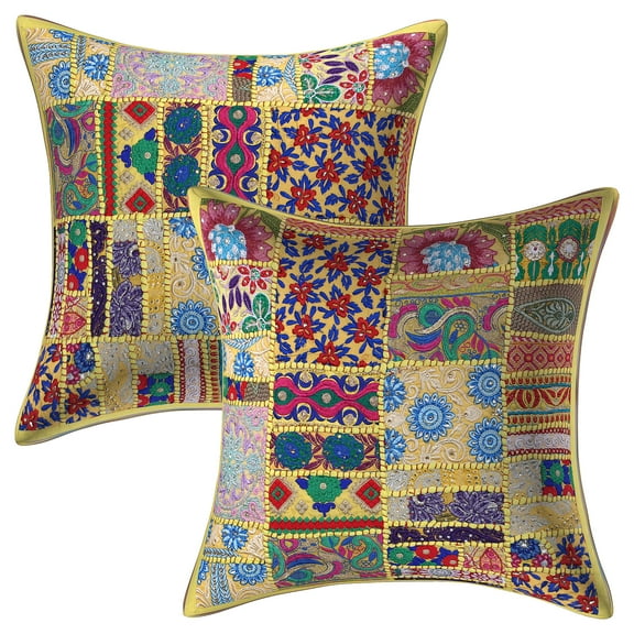 Stylo Culture Ethnic Cotton Living Room Throw Pillow Covers Lemon Yellow 20 x 20 Bohemian Vintage Patchwork Ethnic Sofa Cushion Covers 50x50 cm Decorative Abstract Square Pillow Cases | Set Of 2