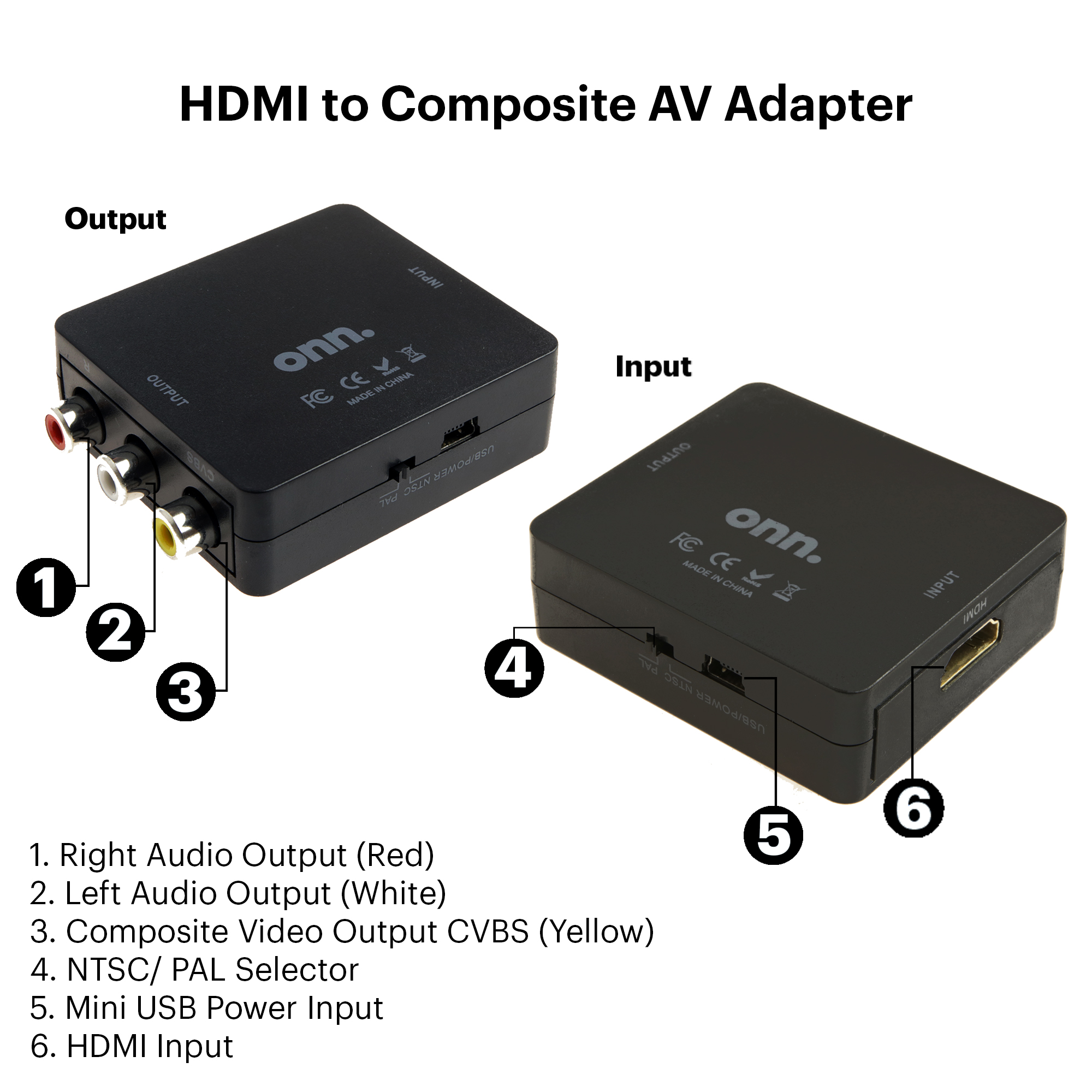 onn. HDMI to Composite AV Adapter, 2.6' Mini-USB Cable, 4.1" USB Wall Adapter, Black, 100008628 - image 3 of 7