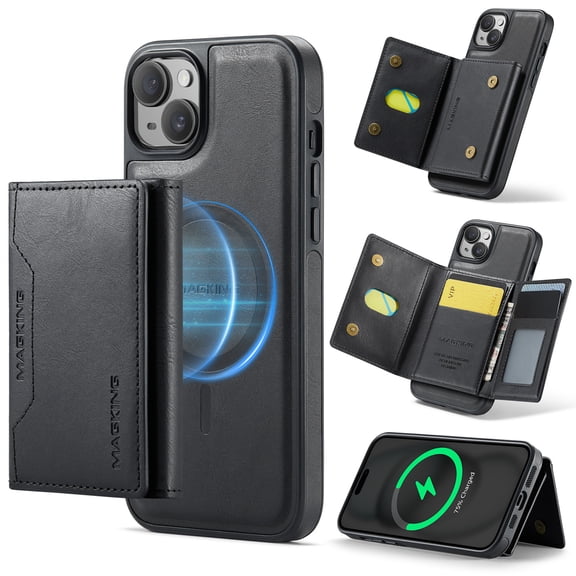 for iPhone 13 Detachable Magnetic Wallet Case with RFID Blocking Card Slots, PU Leather Kickstand Cover with Magnetic Clasp, Shockproof Drop Protective Classic Flip Case, Black