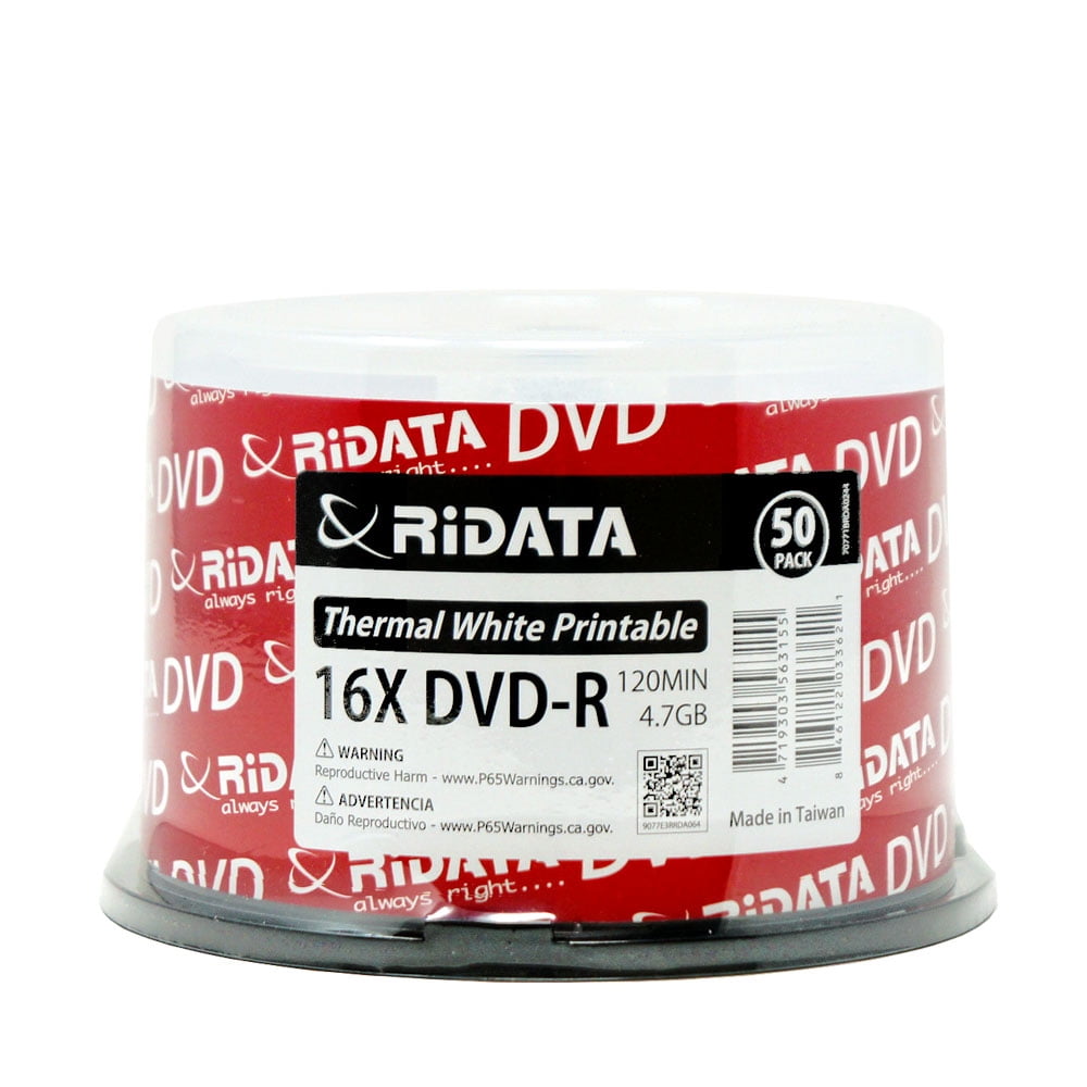 50 Pack Ridata DVDR 16X 4.7GB 120min White Thermal Hub Printable Blank