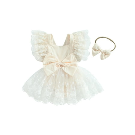 

Binpure Infant Baby Girls Romper Dress Lace Flower Fly Sleeve Square Neck Bowknot Bodysuits Summer Jumpsuits with Headband