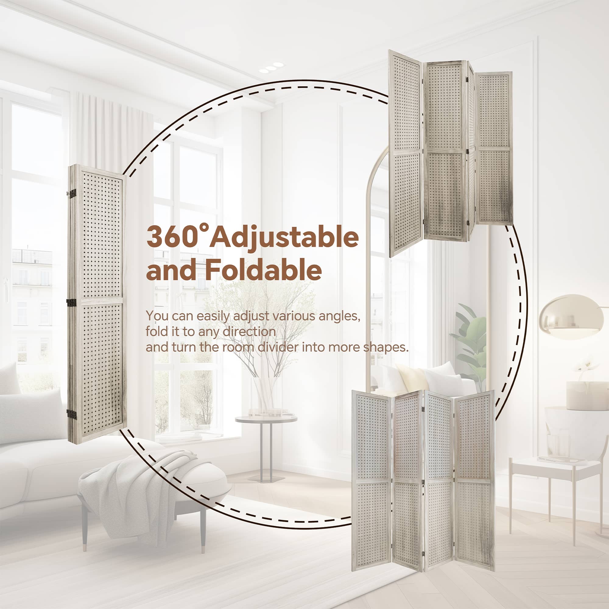 MAYEERTY 4 Panel Room Divider, 5.6Ft Wooden Freestanding Privacy Screen with Shelves, Natural Wood