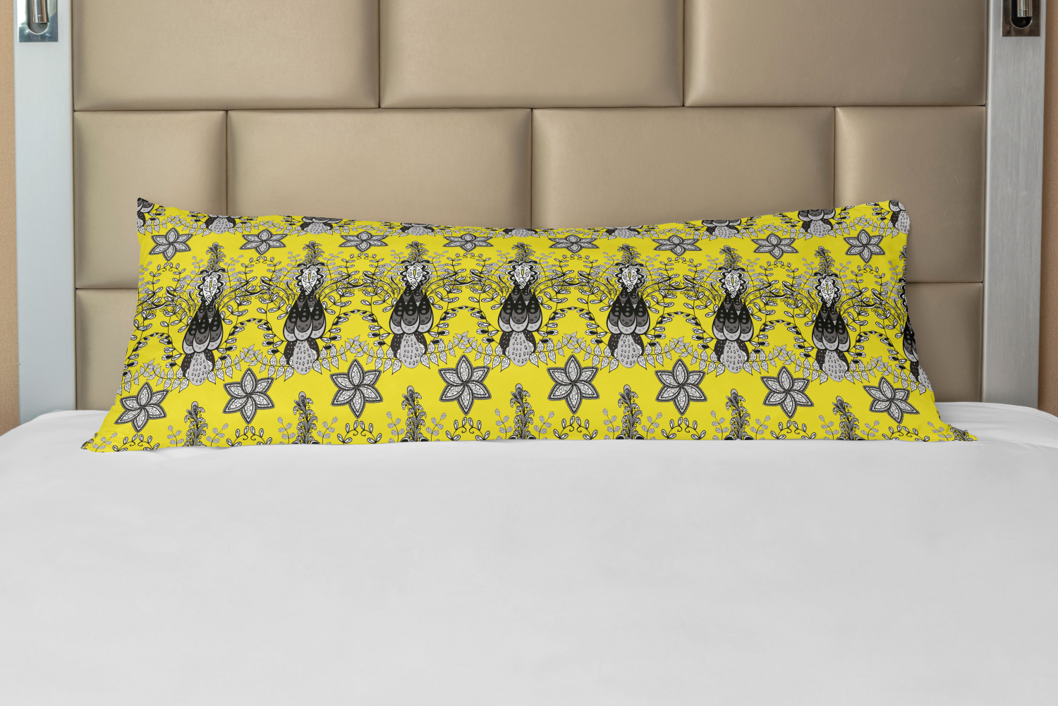 Grey and Yellow Body Pillow Case Cover with Zipper, Orietal Paisley