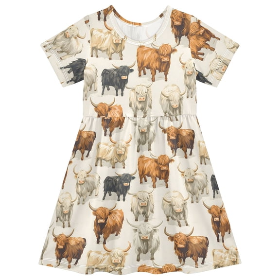 joogoo Highland Cows Girls' Short Sleeve Dress Kids Dresses 5-6T