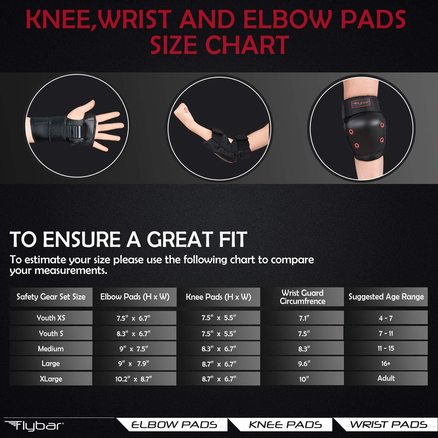 Flybar Kids Knee Pads and Elbow Pads Set, Wrist Guard, Multi Sports Protective Gear, Adjustable, ,Ages+