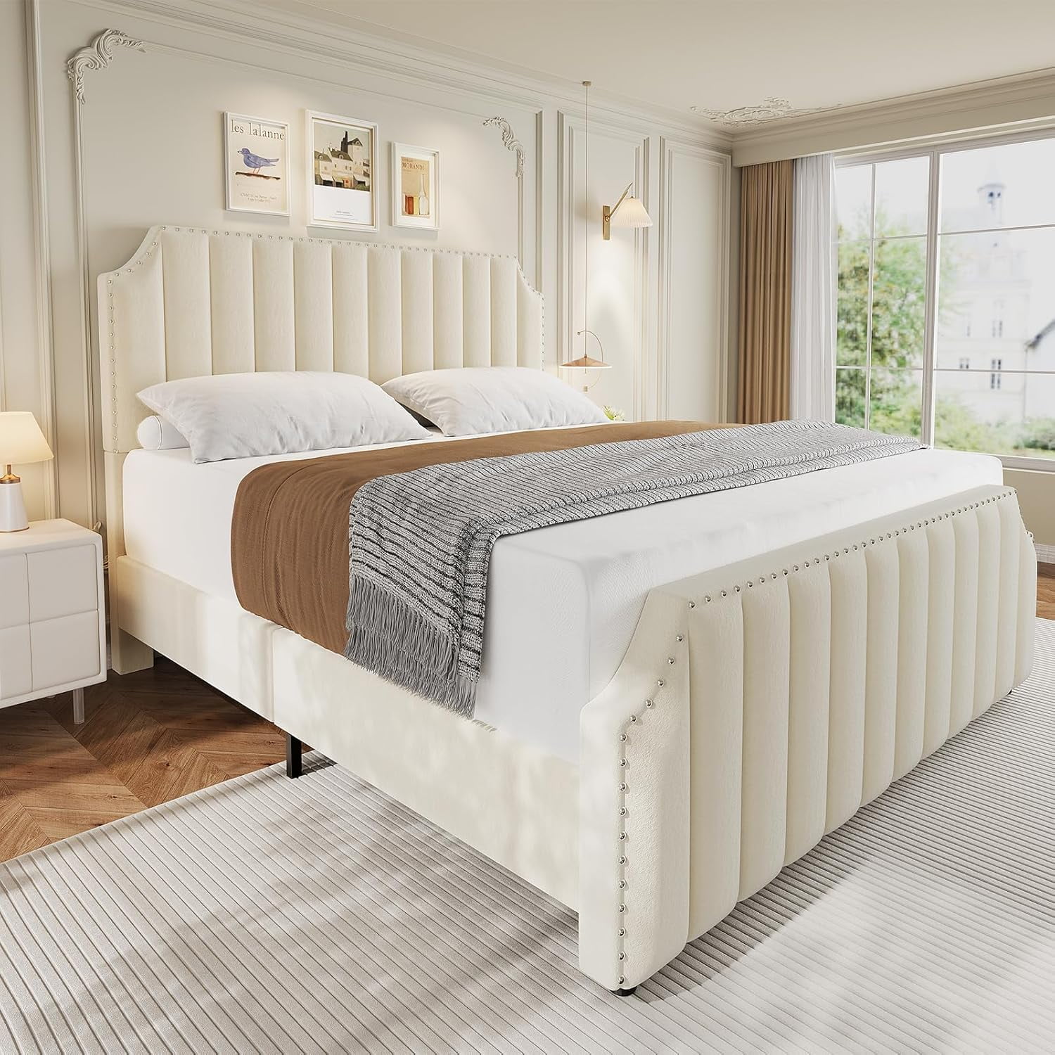 King Size Velvet Bed Frame with 50.2" Tufted Headboard & Footboard, Nailhead Trim, No Box Spring Needed, Noise-Free, Beige