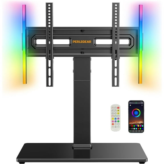 ZHIBO Universal Swivel TV Stand with LED Lights for 32-70 inch TVs, Height Adjustable Table Top Stand with Tilt, Tempered Glass Base, Max VESA 400x400mm