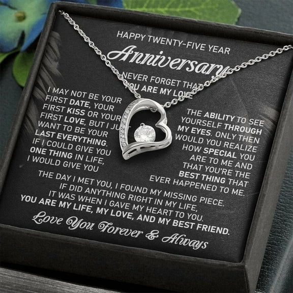 25th Wedding Anniversary Forever Love Necklace Silver Heart Wife 25 Year Celebration Jewelry, White Forever Love Necklace