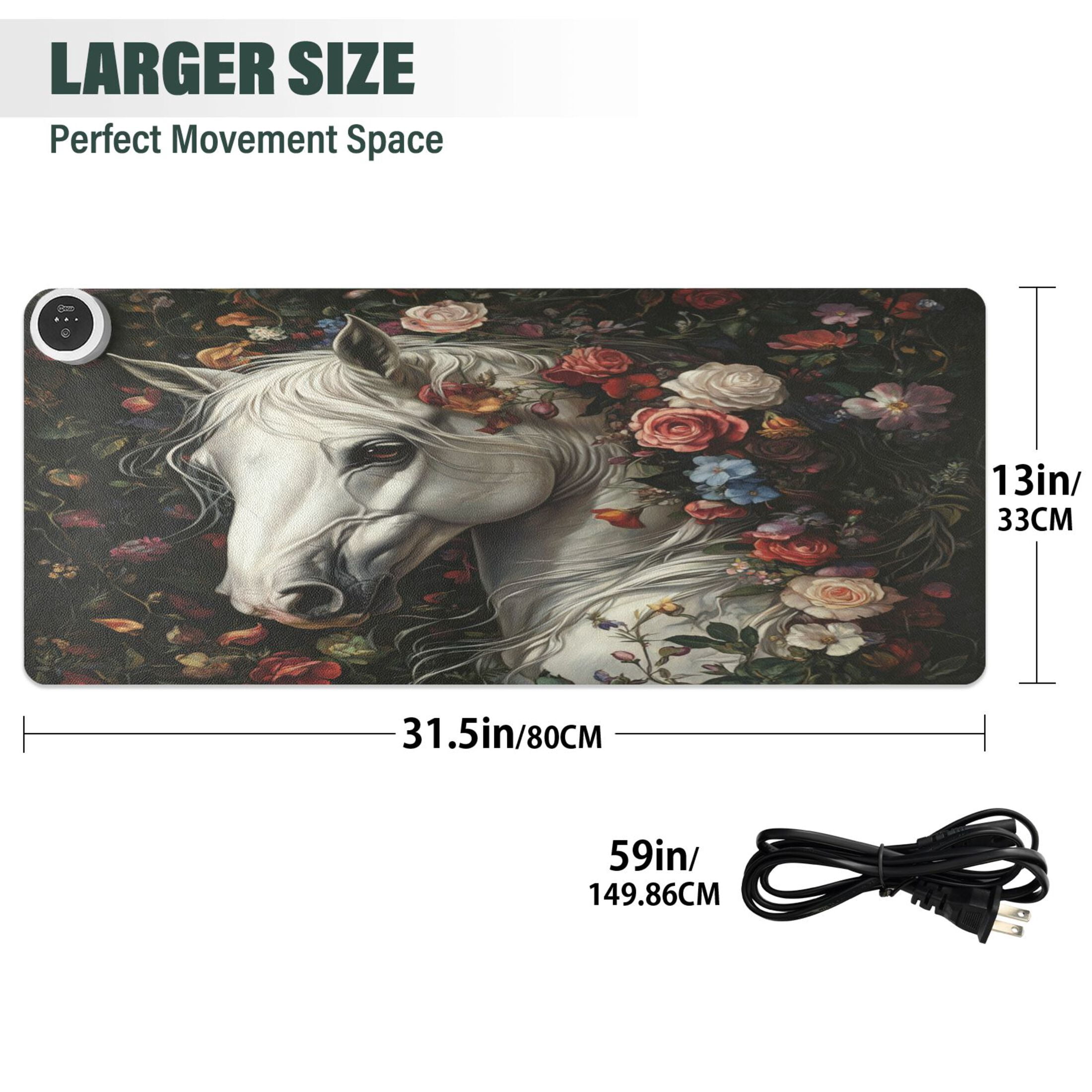 Wobogo Rose Of Horse Heated Mouse Pad Extra-Large Desk Mat With 3 Heating Levels and 3-hour Auto Shut-Off Protection Ideal for Computer Keyboards Home Office Hand-warming Essential 31.5in × 13in