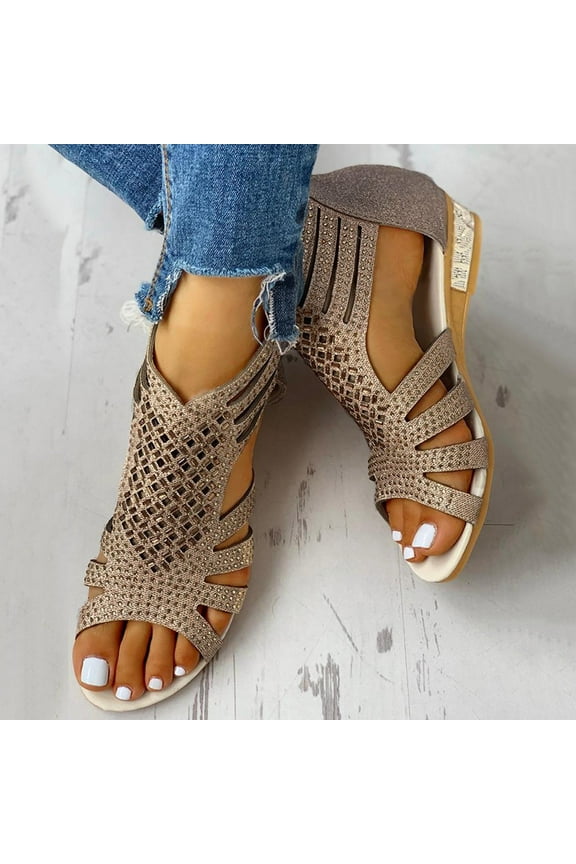 Loyisvidion Womens Sandals Rhinestone Hollow Back Zipper Round Toe Hollow Sandals,Roman Shoes,Women Gold 10