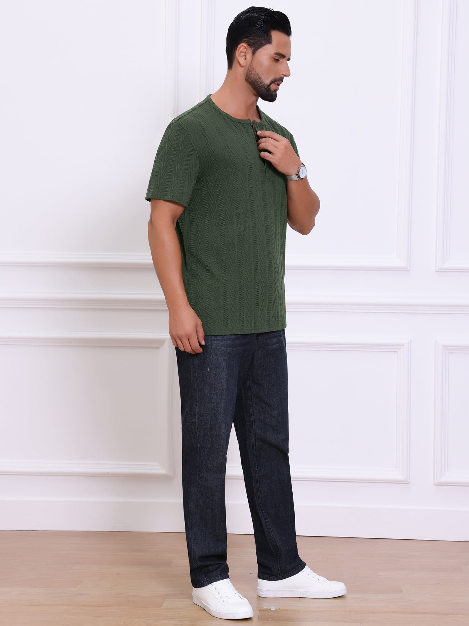 DARING DIVA Men's Henley Short Sleeve Button Down Jacquard Knitted T-Shirt M Green