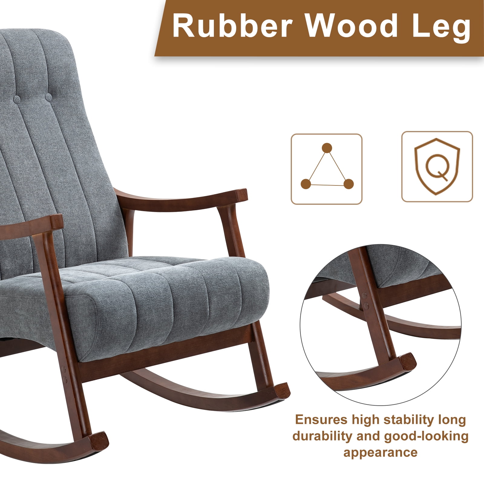 Homhum Upholstered Rocking Chair, Modern High Back Armchair, Adult Single Sofa for Indoor, Dark Gray