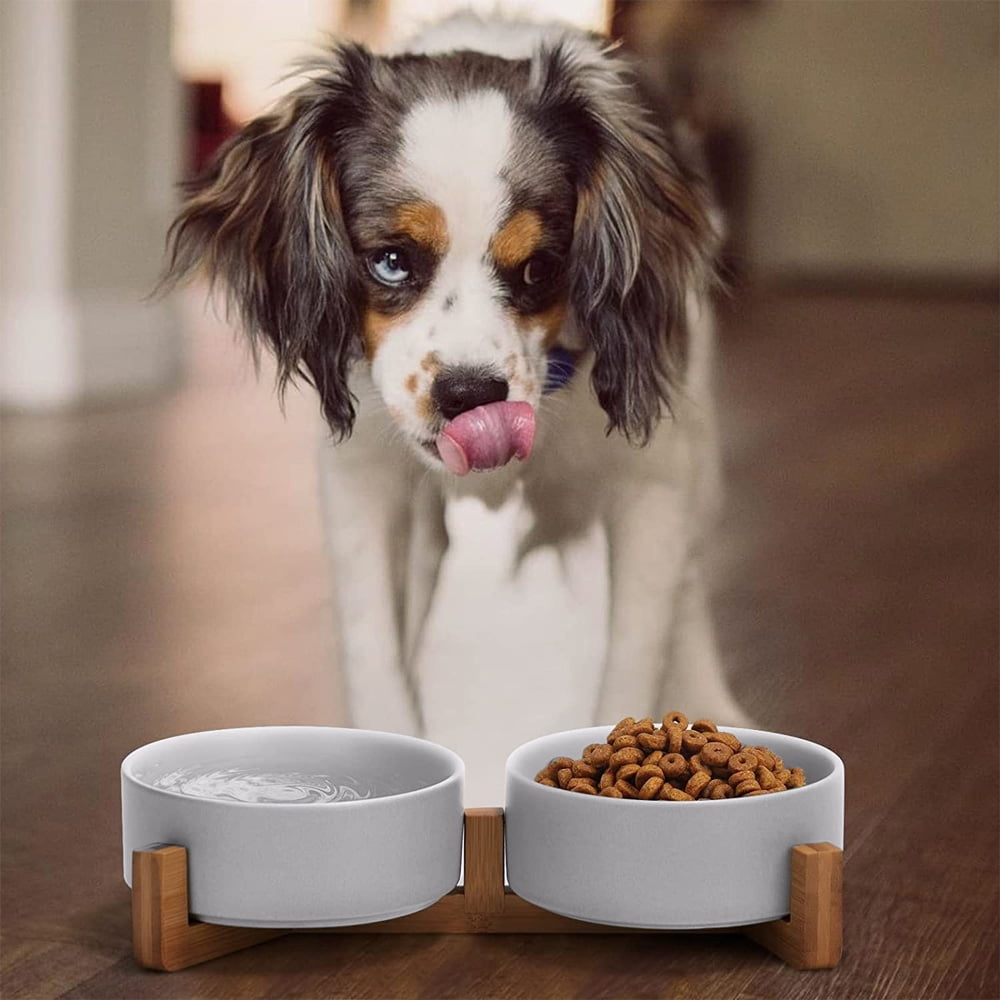 Pet Bowls,Ceramic Cat Dog Bowl Set with Wood Stand for Food and Water,Non-Slip Cute Pet Bowls