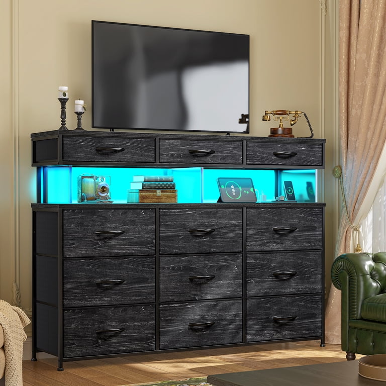 Romorgniz Black Dresser for Bedroom with 12 Fabric Drawers Wide Dresser with LED Lights & Charging Station Chest of Drawers with Acrylic Sheet, Adult