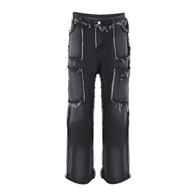 JHLZHS Mens Sweatpants Open Bottom with Pockets Men's New Street Ragged Edge Spliced Straight Leg Jeans Made Old Hop Loose Small Wash Jeans Oversized Sweatpants Men Sweatpants Open Bottom Long