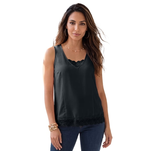 Roaman's Women's Plus Size Lace Trim Satin Tank
