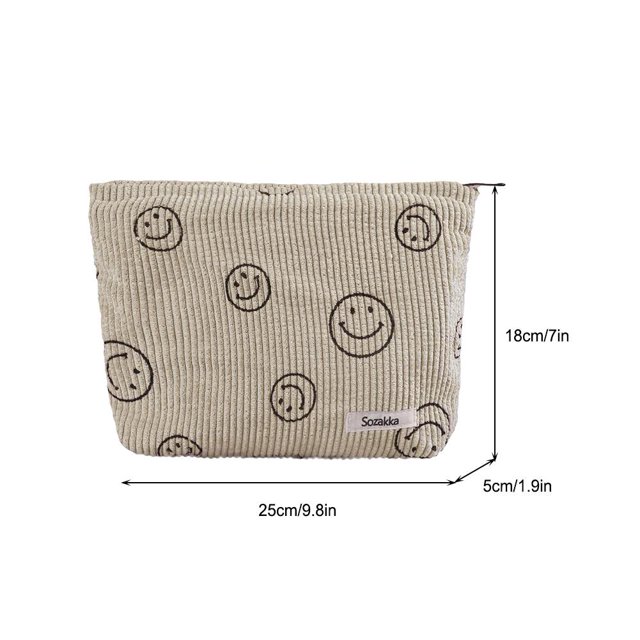 Estuche de cosméticos de pana con cara sonriente para mujer, neceser de viaje para maquillaje beige Sywqhk Para Estrenar