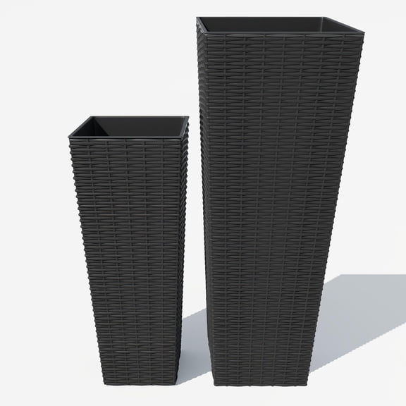 Set of 2 Tall Planters for Outdoor Plants, 24 in &32 in Decorative Planter Pots with 4 Drainage Holes, Large Tall Planter for Indoor or Outdoor Front Porch for Patio, Backyard, Home Garden, Black