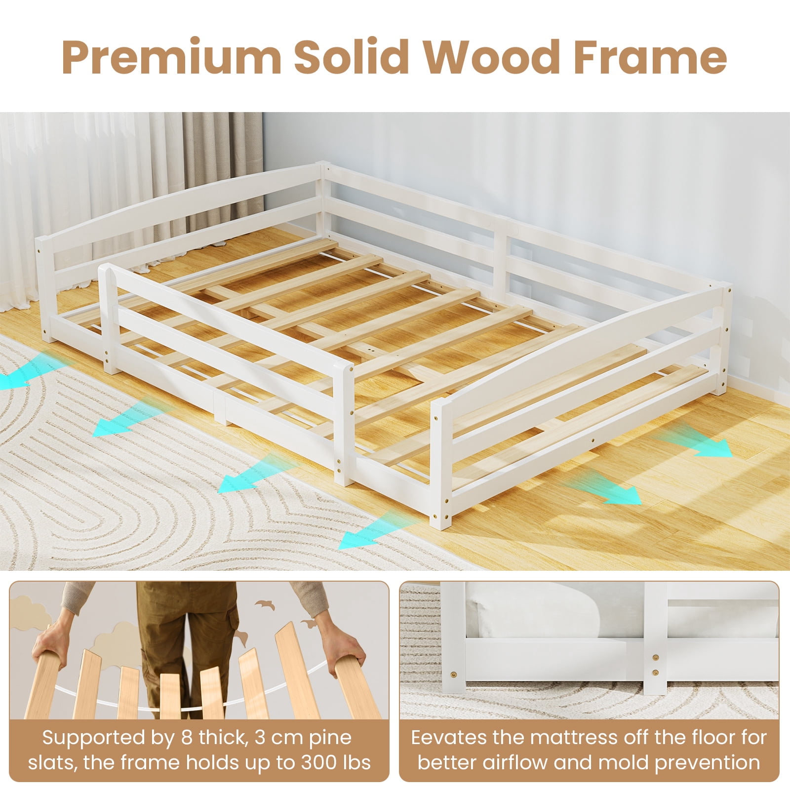 Slsy Full Size Toddler Floor Bed, Solid Wood Montessori Bed Frame with Fence & Door Montessori Floor Bed Crib with Safety Guardrails for Girls and Boys