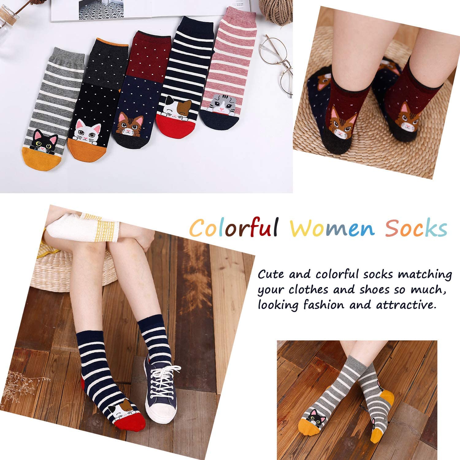 Womens Socks, LOFIR Crazy Funny Cute Socks for Women, Novelty Cartoon Dog Cat Animal Soft Cotton Crew Socks for Women Ladies, 5 Pairs - image 3 of 8