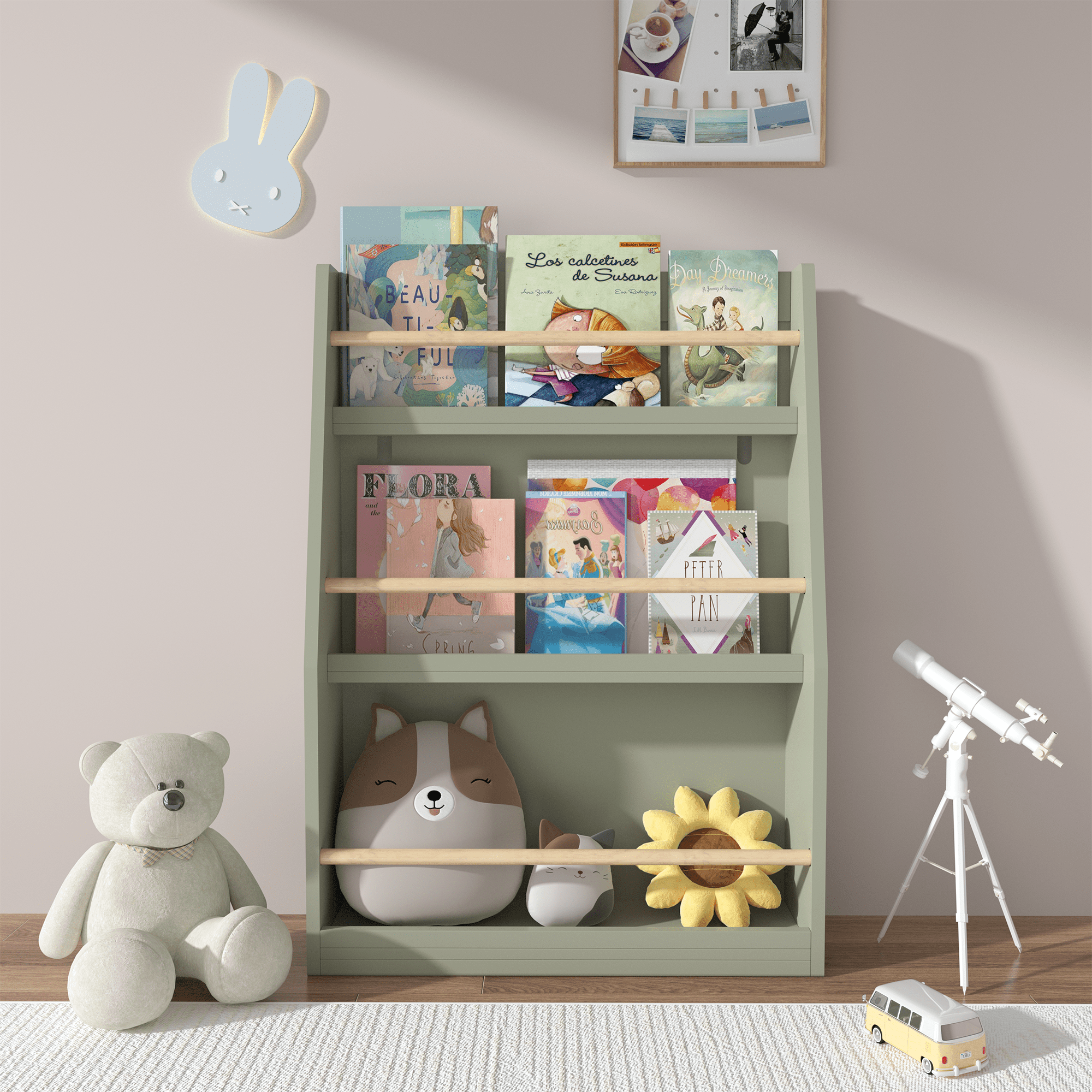Yoneston Kids 3-Tier Bookcase with Wood Rails, Children's Standing Display Bookshelf for Playroom, Bedroom, Nursery, Sage Green