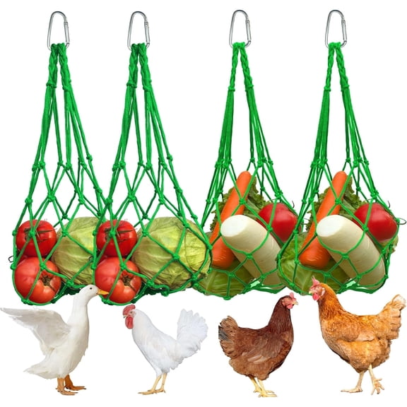 Chicken Vegetable Fruit Hanging Feeder 4Pcs, Reusable String Bag with Hook for Chicken Coop Toys, Poultry Feeding Tool for Hens,Duck,Goose