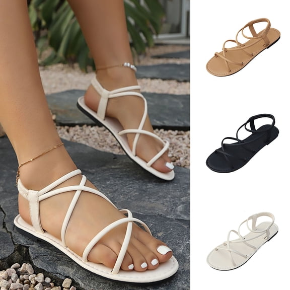Miluxas Women's Flat Sandals Strappy Dressy Ankle Strap Casual Summer Strap Sandals for Beach White 9.5(43)
