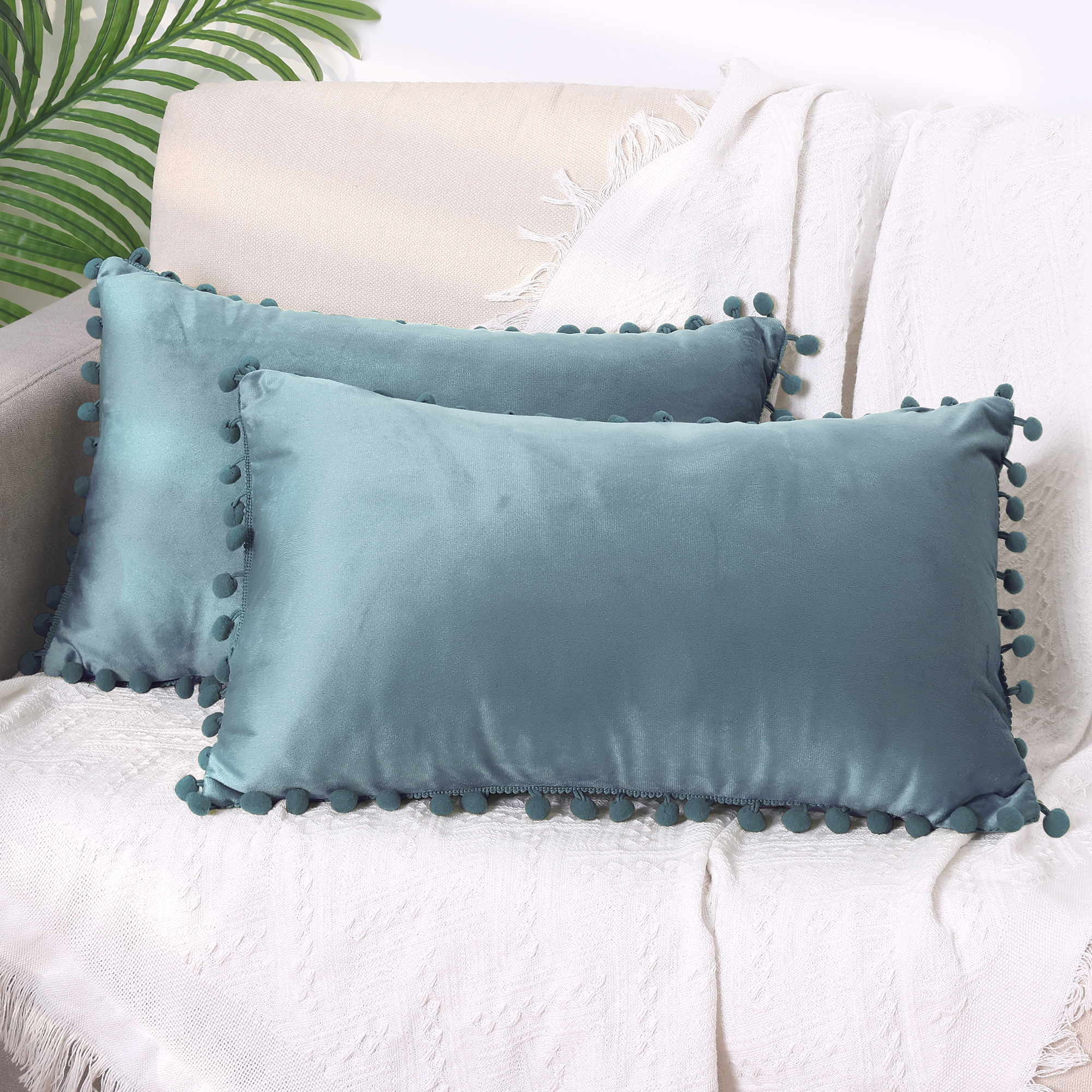 Unique Bargains 2 Velvet Throw Pillow Covers Pompoms Decorative Pillow Cases Cushion Cover Blue 12" x 20"