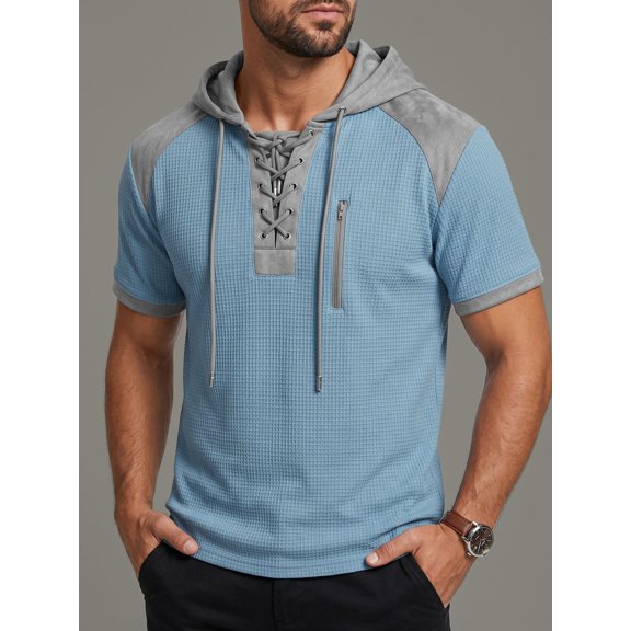 Men's Hooded Waffle Henley T-Shirt, Short Sleeve Color Block Lace-Up Casual Top