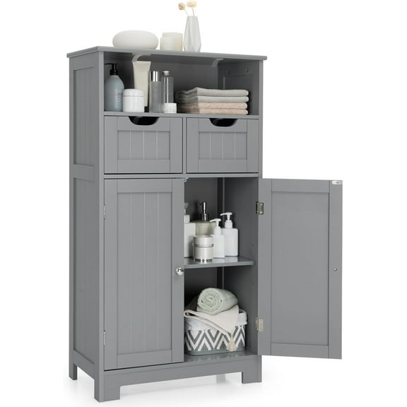 CZMJY Bathroom Storage Cabinet, Standing Bathroom Cabinet Organizer with Open Shelf, 2 Adjustable Drawers & 2 Doors, Wooden Floor Cabinet for Bathroom, Living Room, Entryway (Grey)