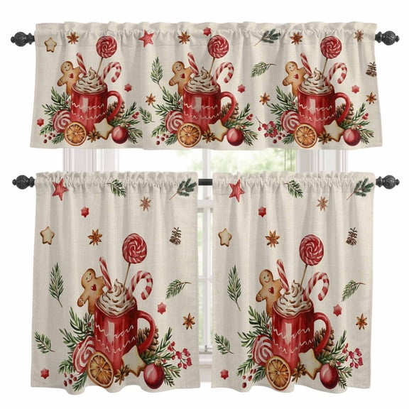 Christmas Gingerbread Kitchen Curtains Sets for Windows 36 Inch Length, Winter Xmas Ball Candy Pine Leaf Beige Rod Pocket Window Treatments Tier Curtains and Valances Set for Bedroom/Bathroom