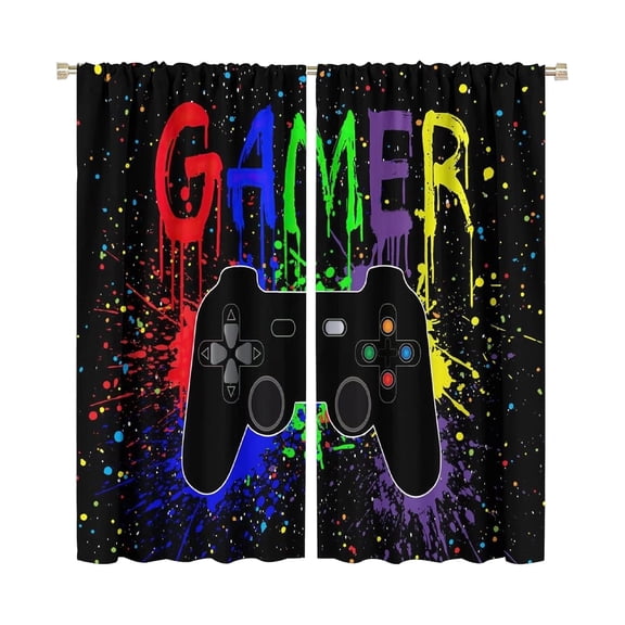 Gamer Black Blackout Curtains for Living Room, 21x45in Thermal Insulated Room Darkening Drapes, Noise Reducing Grommet Window Curtains for Bedroom Kitchen, 2 Panels
