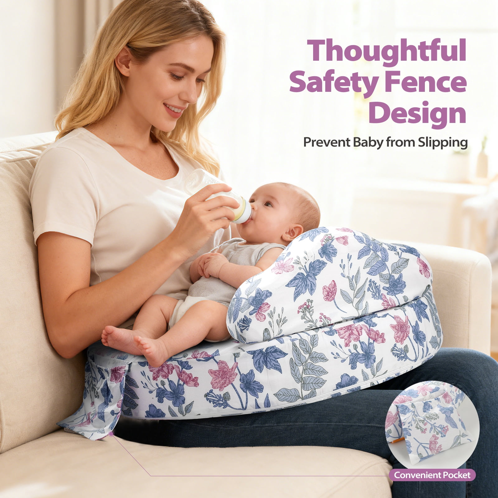 ACGROW Nursing Pillow - Memory Foam Bottle & Breastfeeding Pillow with Safety Fence - Ergonomic Support, with Wider Breast Feeding Cushion, Adjustable, Removable Cover, Baby Safety Certified Violet