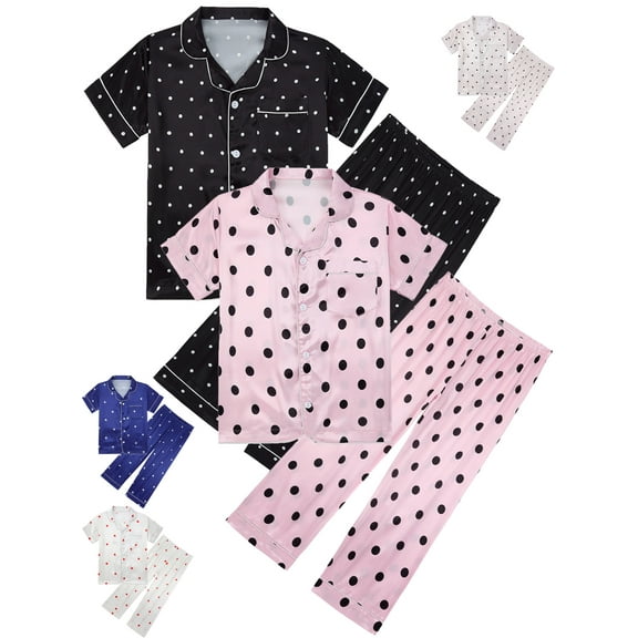 SILVERCELL Girls Boys Kids Silk Satin Pajamas Set Button-Down Clothes 2 Piece Set Loungewear Lounge Sleepwear PJS 5-14Y
