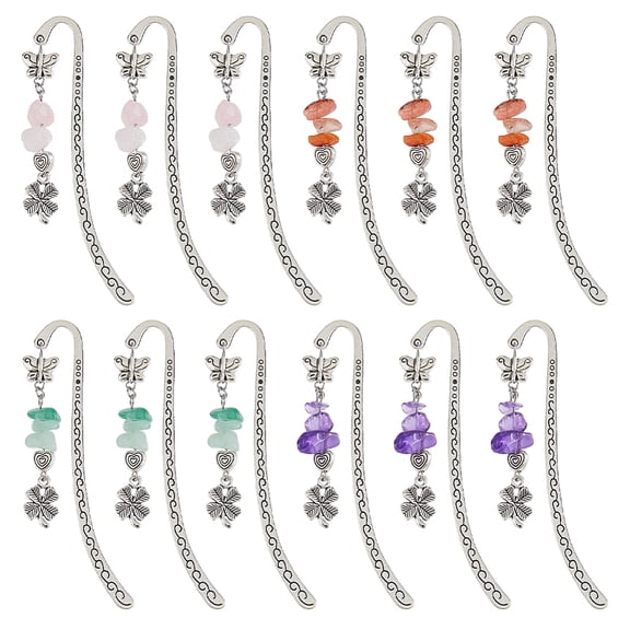 12Pcs Hook Bookmarks 4 Styles Vintage Metal Bookmarks with Clover Pendants Natural Stone for Teachers Students Bookworm Gifts