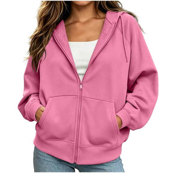 AKOEE Women's Zip Up Hoodie Baggy Casual Sports Hooded Sweatshirt Coats with Pockets Drawstring Sweatshirts (XL, Pink)