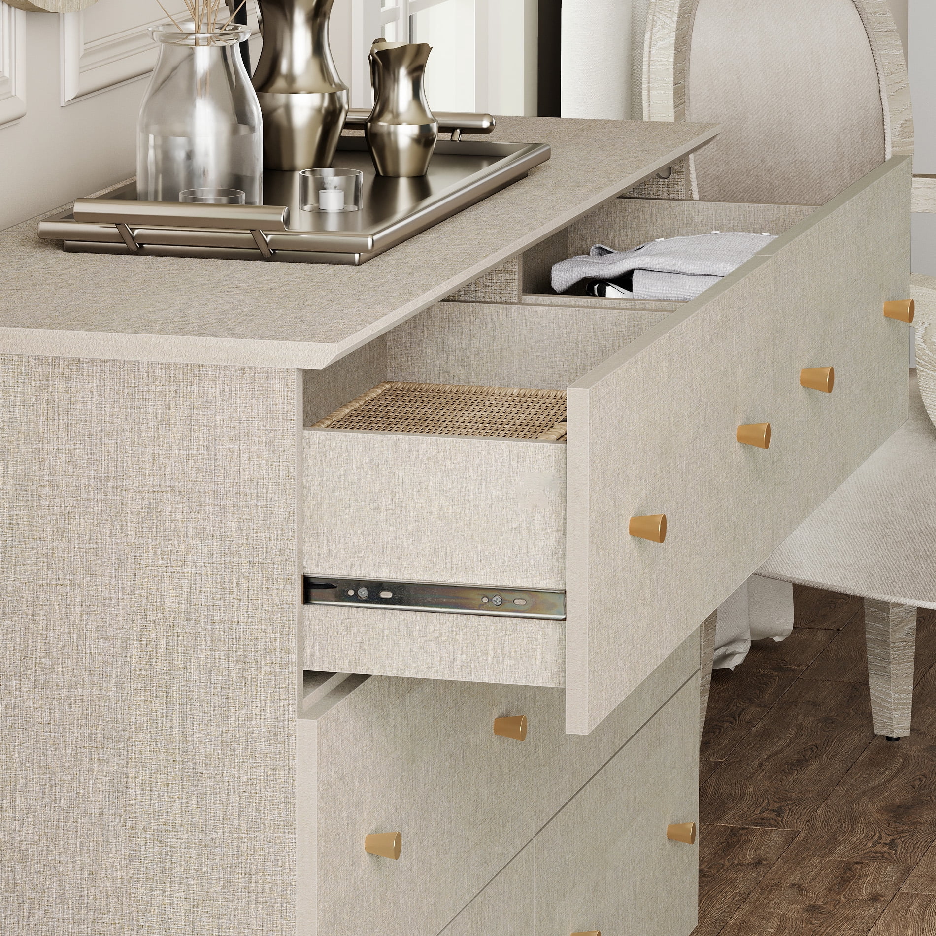WAMPAT Wood Dresser with 12 Drawers and 1 Cabinet for Bedroom, Modern Chest of Drawer, 130" Wide, Beige Linen Printed Finish