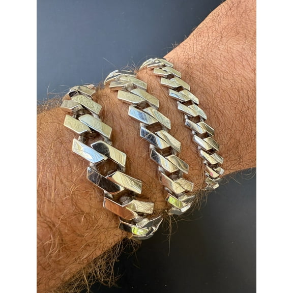 Mens Monaco Prong Cuban Link Bracelet Hollow Rhodium Real 925 Silver 9-13mm Size