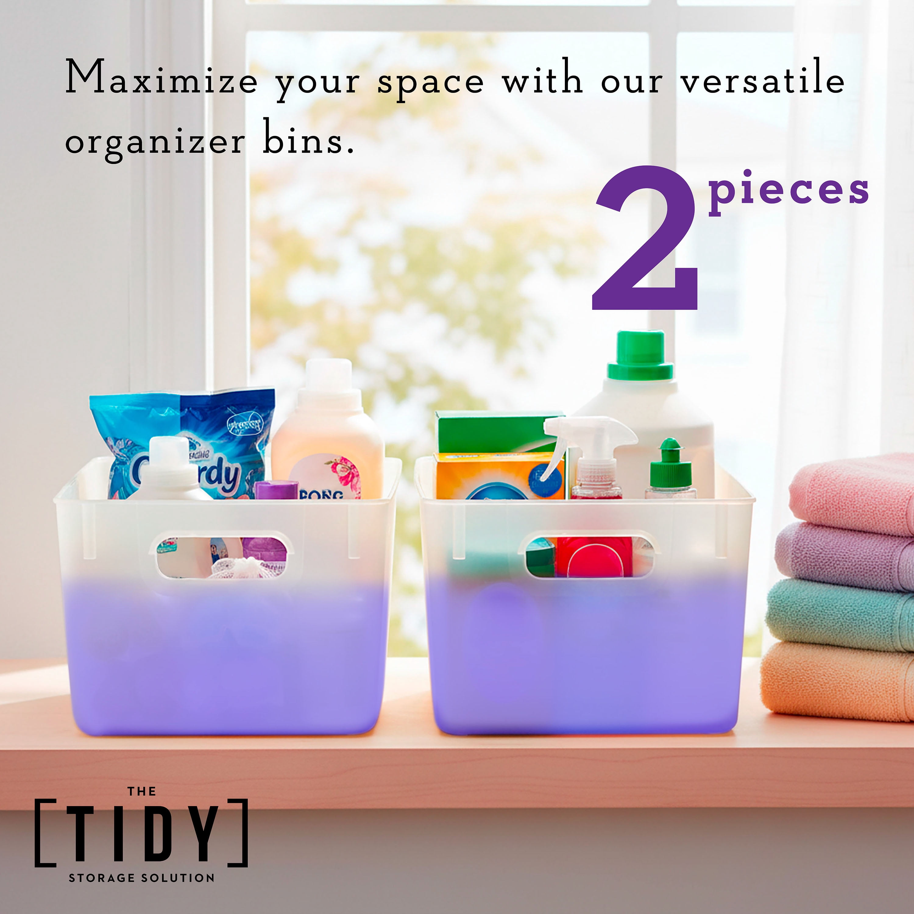 Tidy Matte Closet Storage Bins with Handles, Stackable, 2-Pack, Lilac