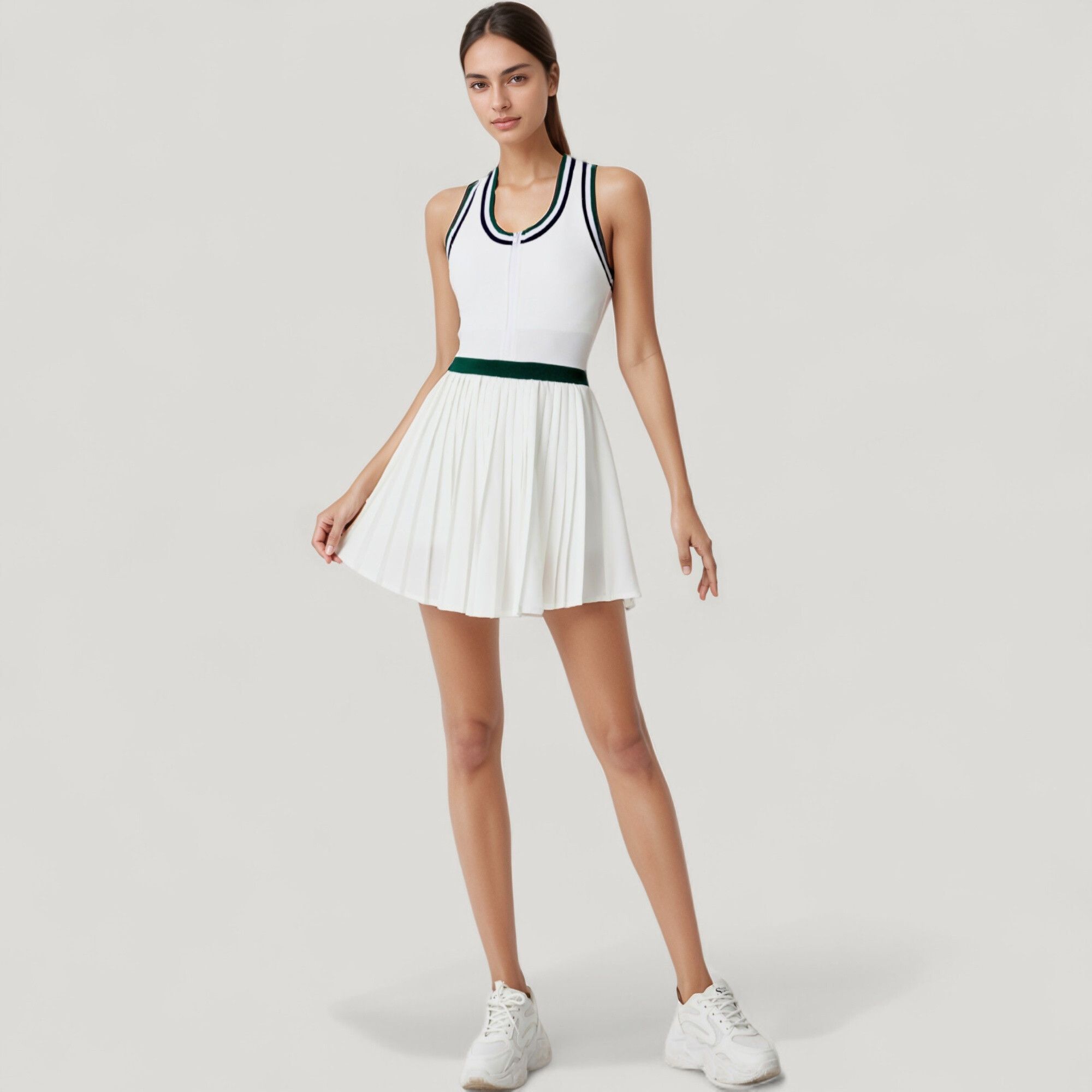 Women's Sleeveless Tennis Dress with Zip Front Contrast Trim Neckline and Pleated Skirt - Large, Green