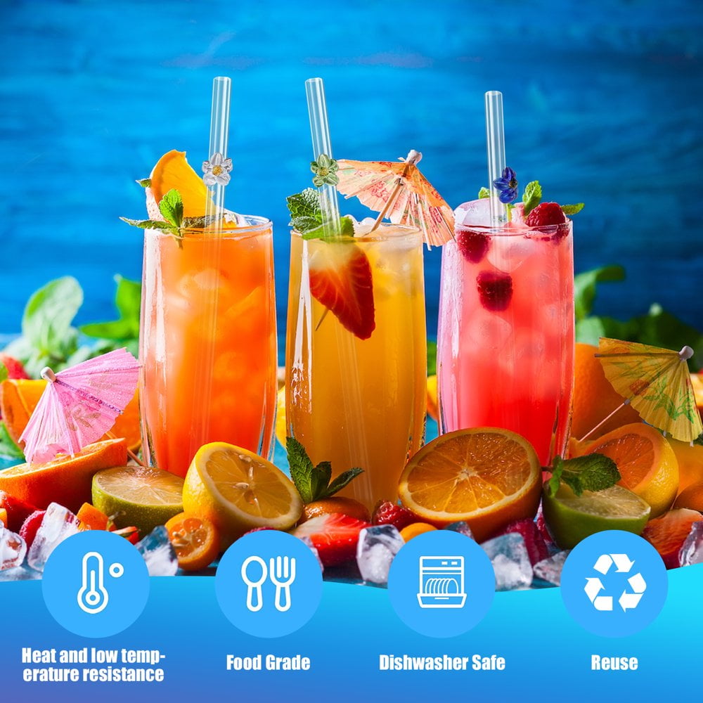 Pailles Verre Borosilicate Fleurs Pailles Verre Réutilisables Bigqin - Lot De 6 Avec Fleurs - 20 Cm - 2 Brosses Longueur 20 Cm