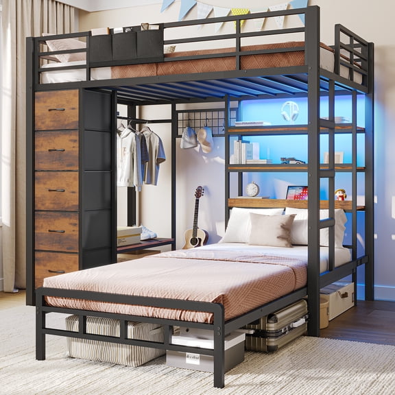 Torveric Space Saving Furniture Teen Metal Twin-Over-Twin Bunk Beds with 3 Tier Bookshelves and 5 Drawers Black