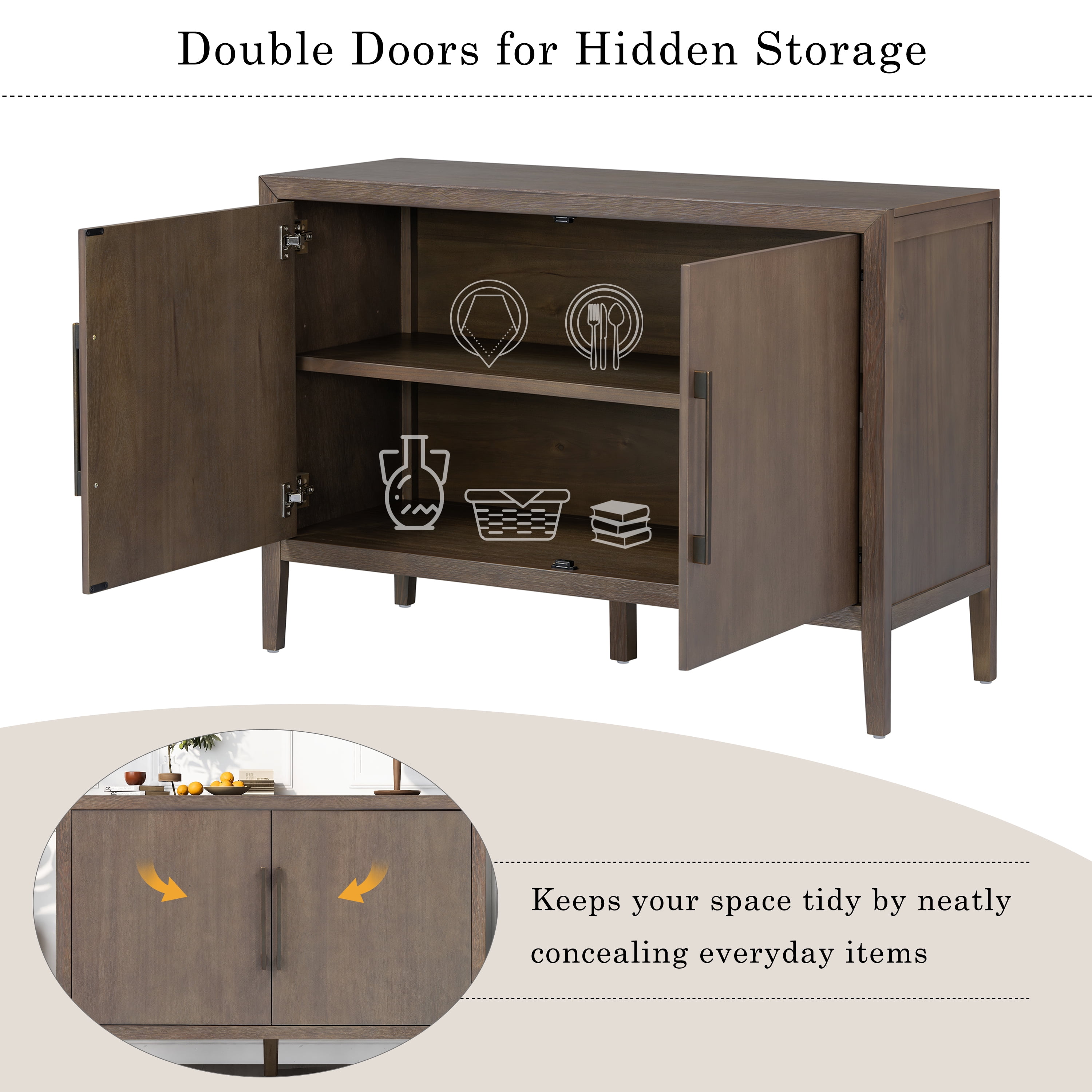 Mintazer 47.25" Farmhouse Sideboard with 2 Doors & Adjustable Feet, Wooden Storage Cabinet with Pine Veneer & Metal Handles for Entryway Living Room, Brown