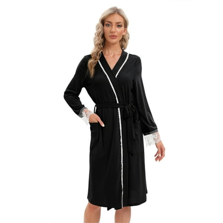 

Women Imitation Cotton Robe Lightweight Long Sleeve Bathrobe Lace-up Soft Dressing Gowns with Pocket Ladies Kimono Loungewear for Spa Bridal Robes S-2XL