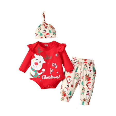 

Infant Baby Girl Christmas Outfits Long Sleeve O-Neck Ruffle Pullover+Elastic Waist Trousers +Hat