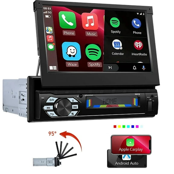7'' 1 Din Car Radio Mirror Link MP5 Player Car Stereo Wireless Carplay Android Auto Car Audio Electric Telescopic Screen Support USB/TF Card Bluetooth